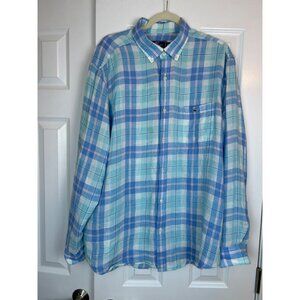 Vineyard Vines Men's Long Sleeve Button Up Blue Green White Plaid Linen Shirt XL